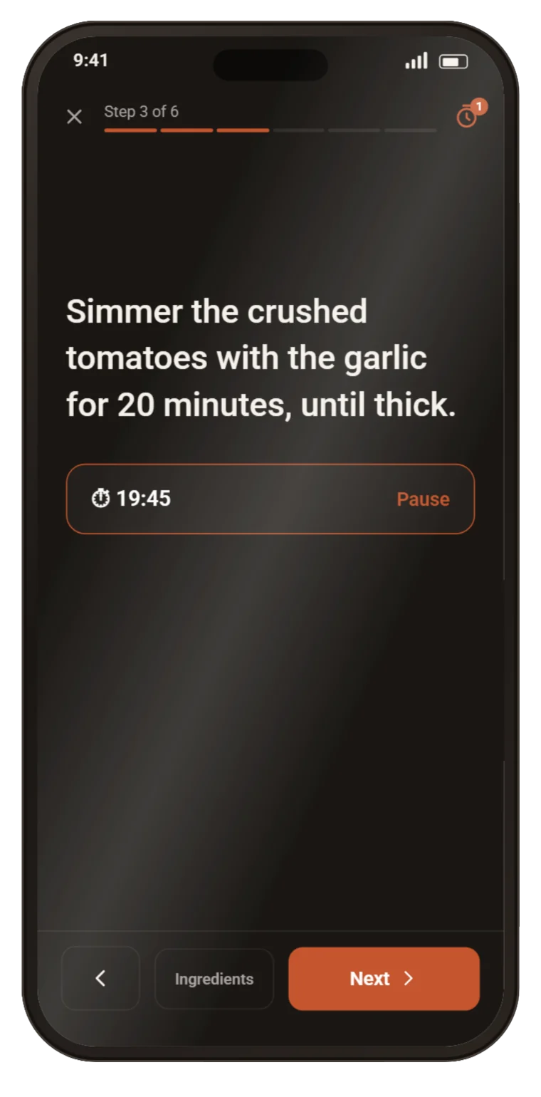 Cook mode: step 3 of 6 in large type, with a 20-minute timer running.