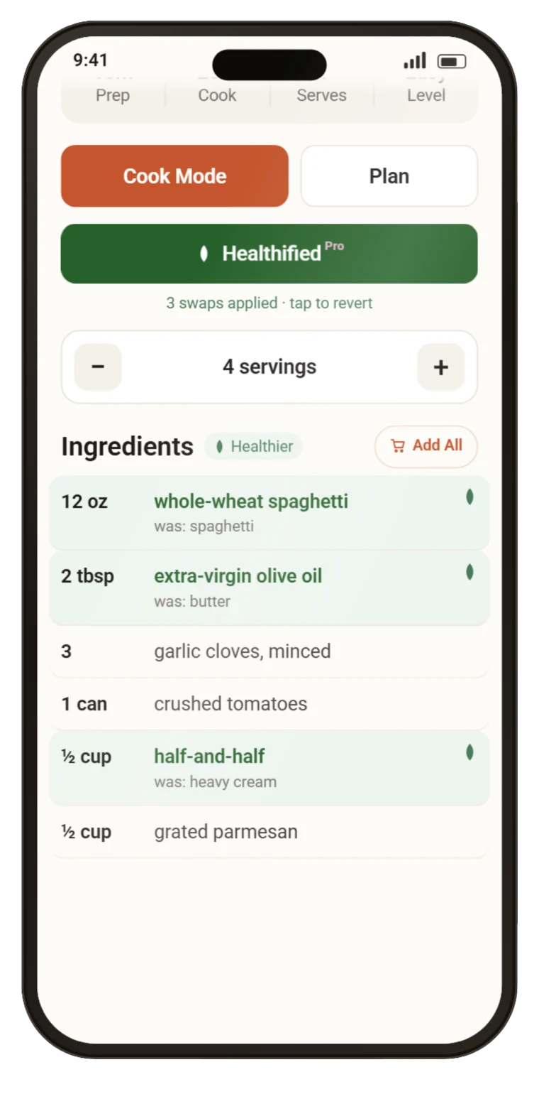 Three swaps highlighted in green: whole-wheat spaghetti, extra-virgin olive oil and half-and-half.