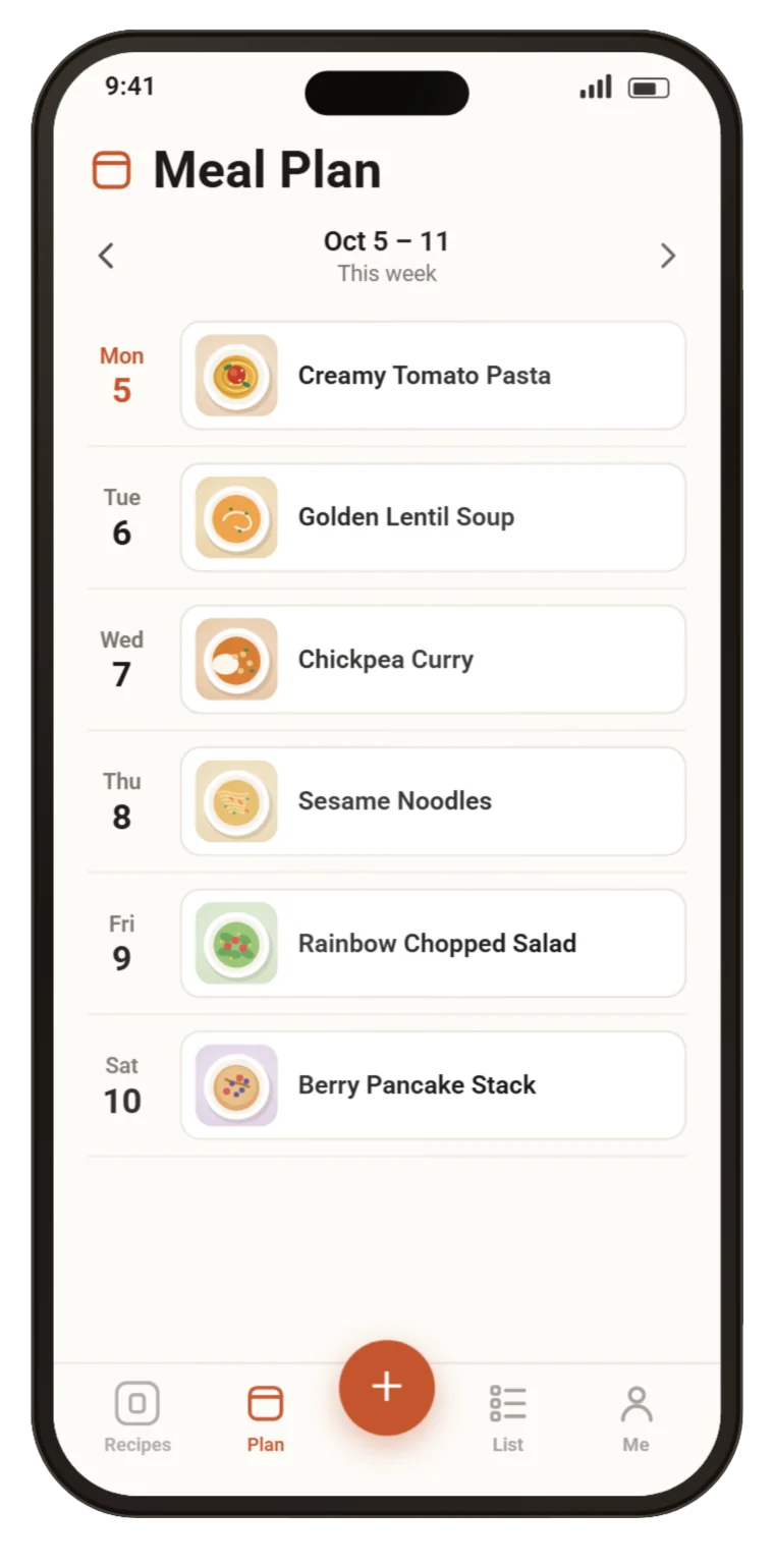 The Meal Plan: a recipe on each day from Monday to Saturday.