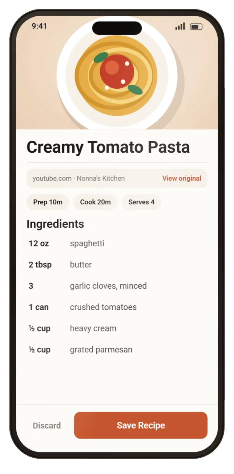 The review screen for Creamy Tomato Pasta, with its ingredients and a Save Recipe button.